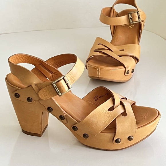 Korkease Korks Bagley Heeled Platform Clog Studded Leather Sandals Tan Size 6 - Picture 1 of 16